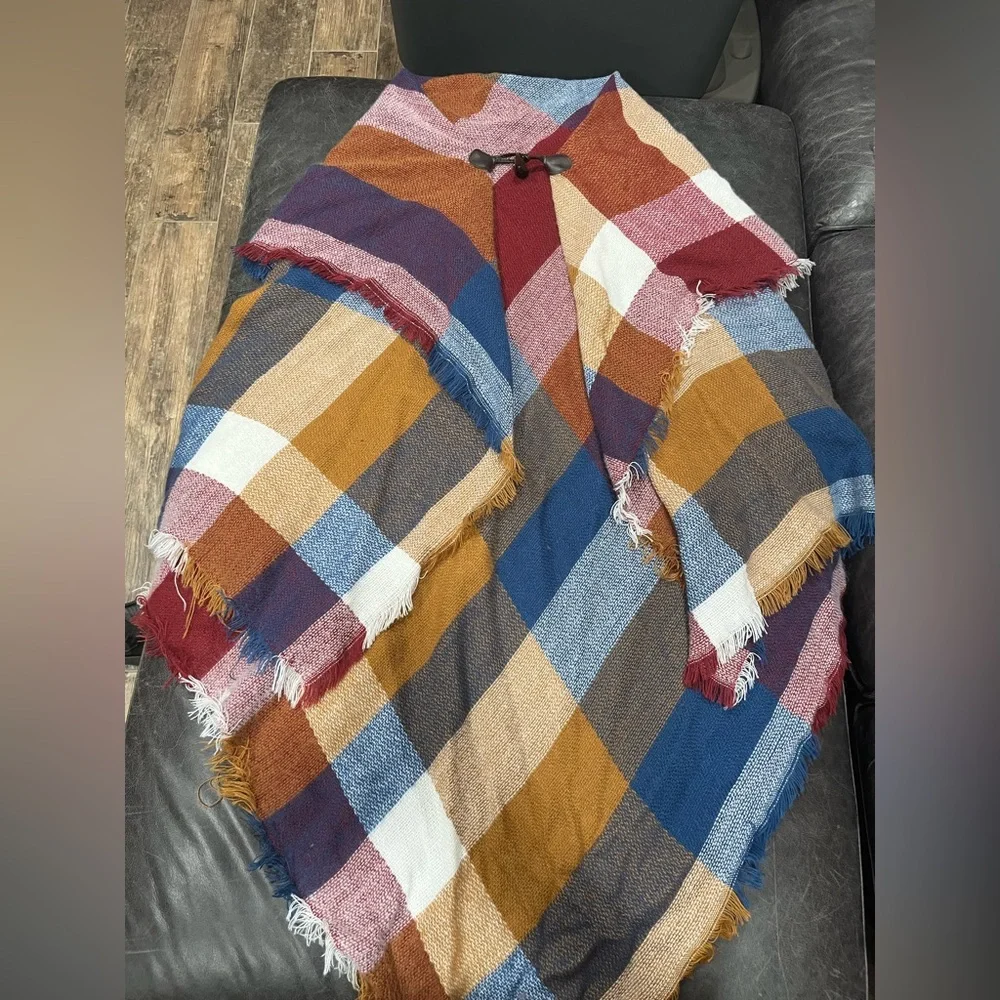 Multicolor Plaid Shawl with Toggle Closure - Picture 1 of 3